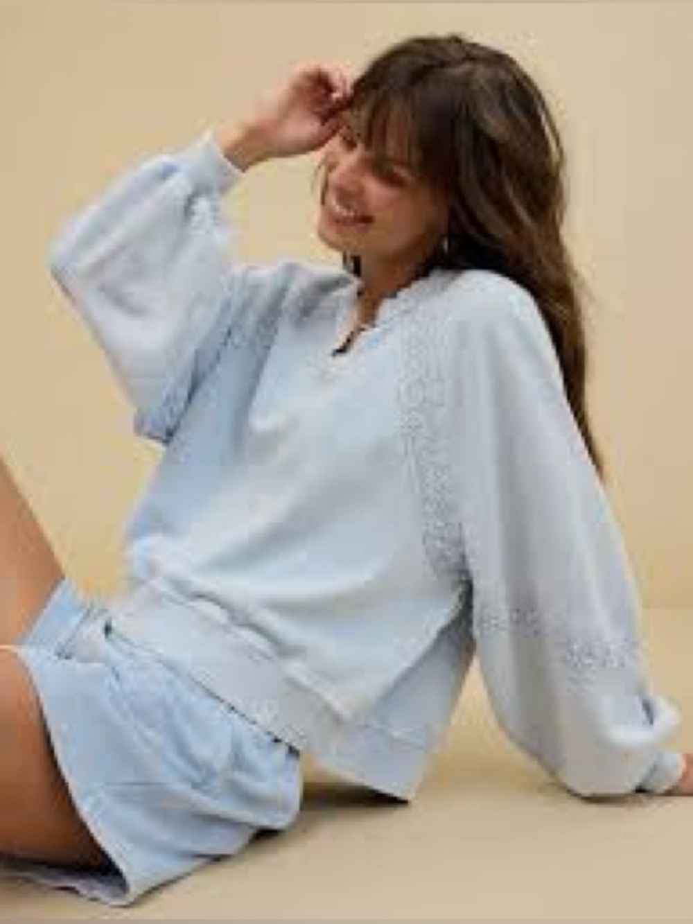 Aerie Hey Crochet Sweatshirt Oversized Fit Light Blue Medium